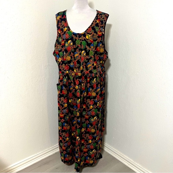 Saddle River Vintage Women’s Colorful on Black Ornament Print Maxi Dress Pockets - Picture 1 of 9